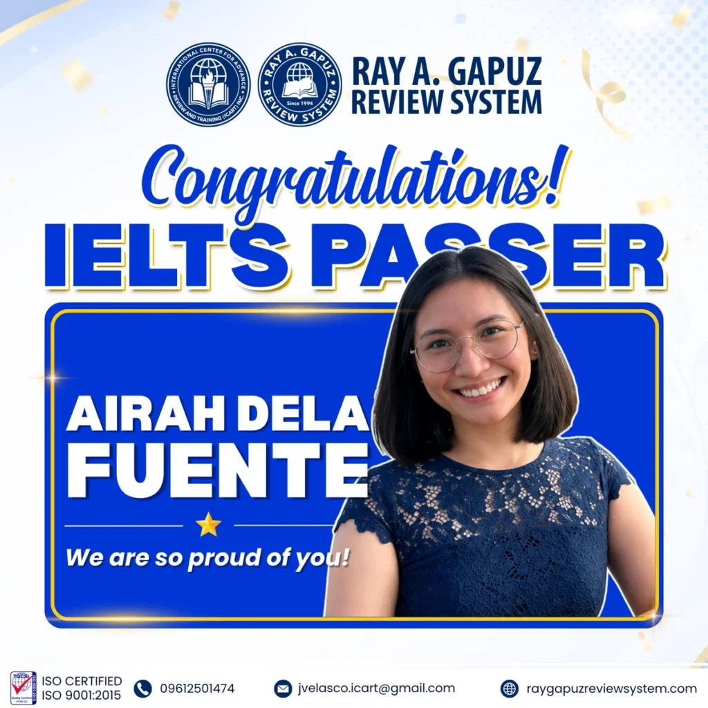 RAGRS congratulatory artwork naming Airah Dela Fuente as an IELTS passer.