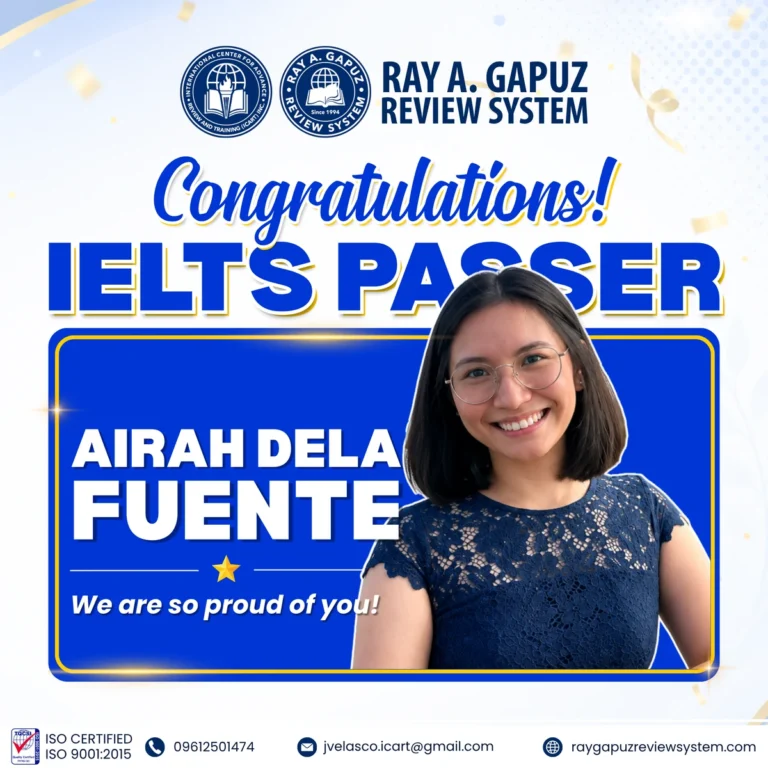 RAGRS congratulatory artwork naming Airah Dela Fuente as an IELTS passer.