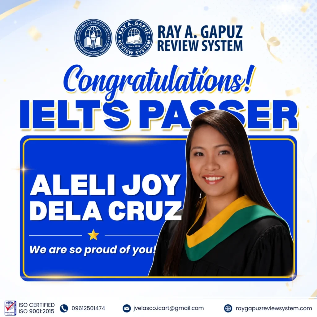 RAGRS congratulatory artwork naming Aleli Joy Dela Cruz as an IELTS passer.
