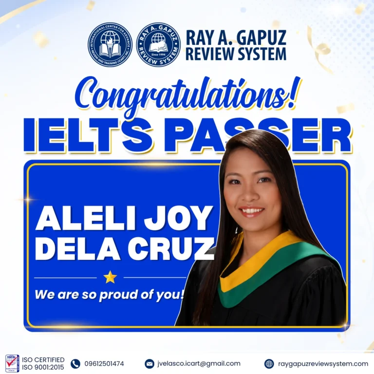 RAGRS congratulatory artwork naming Aleli Joy Dela Cruz as an IELTS passer.