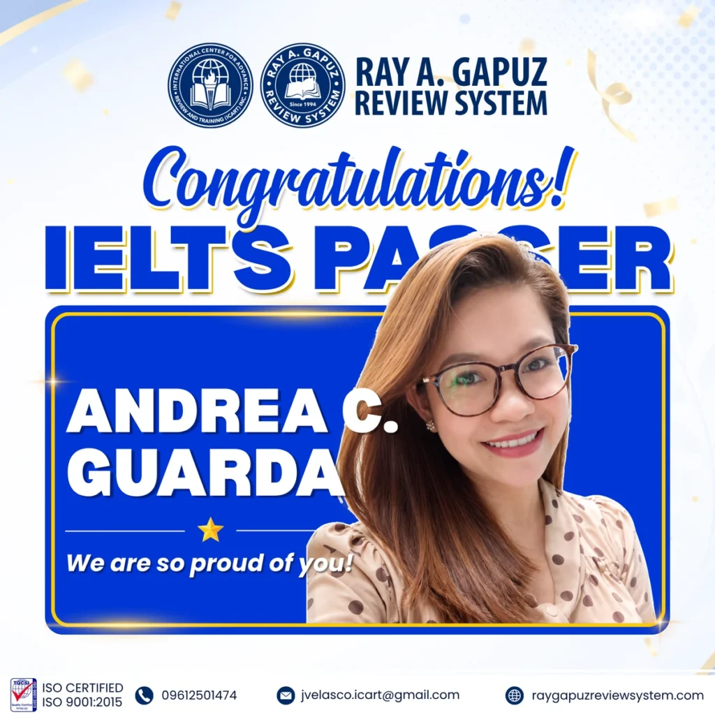 RAGRS congratulatory artwork naming Andrea C. Guarda as an IELTS passer.