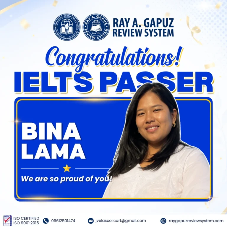 RAGRS congratulatory artwork naming Bina Lama as an IELTS passer.