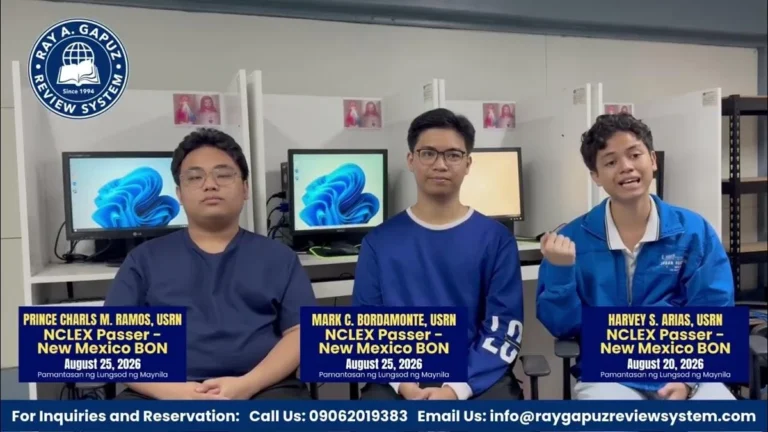 Video thumbnail identifying Prince Charls M. Ramos, Mark C. Bordamonte and Harvey S. Arias as NCLEX passers.