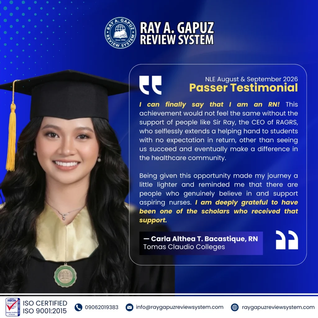 NLE passer testimonial artwork naming Carla Althea T. Bacastique.