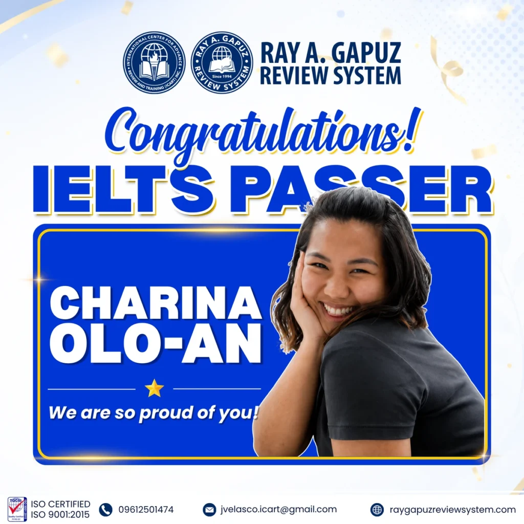 RAGRS congratulatory artwork naming Charina Olo-An as an IELTS passer.