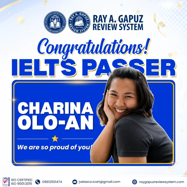RAGRS congratulatory artwork naming Charina Olo-An as an IELTS passer.