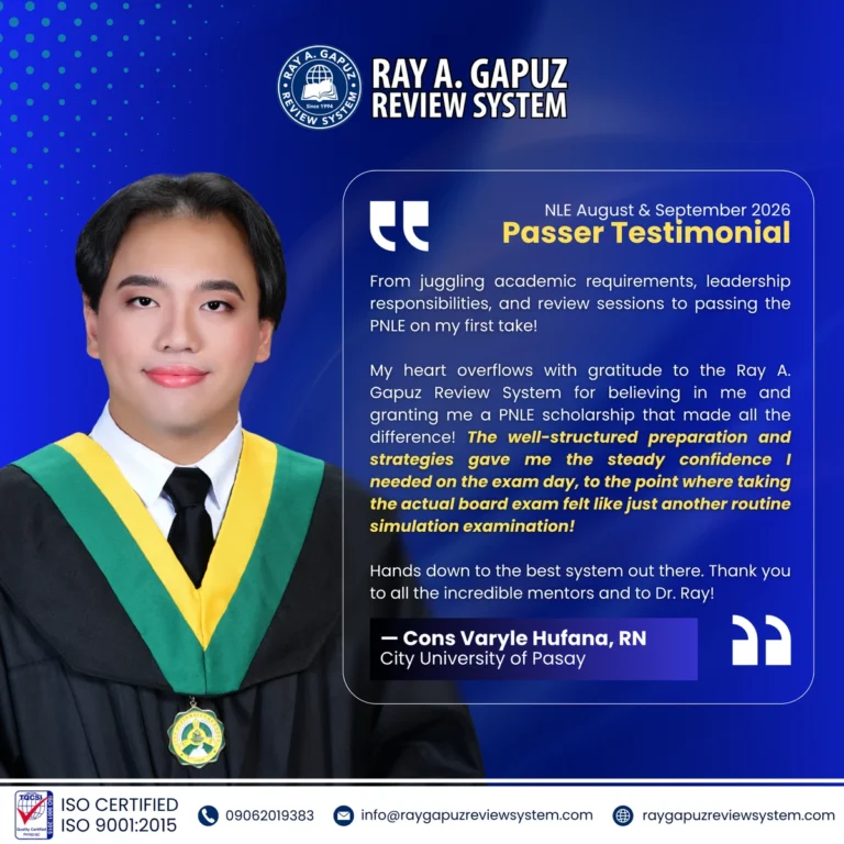 NLE passer testimonial artwork naming Cons Varyle Hufana.