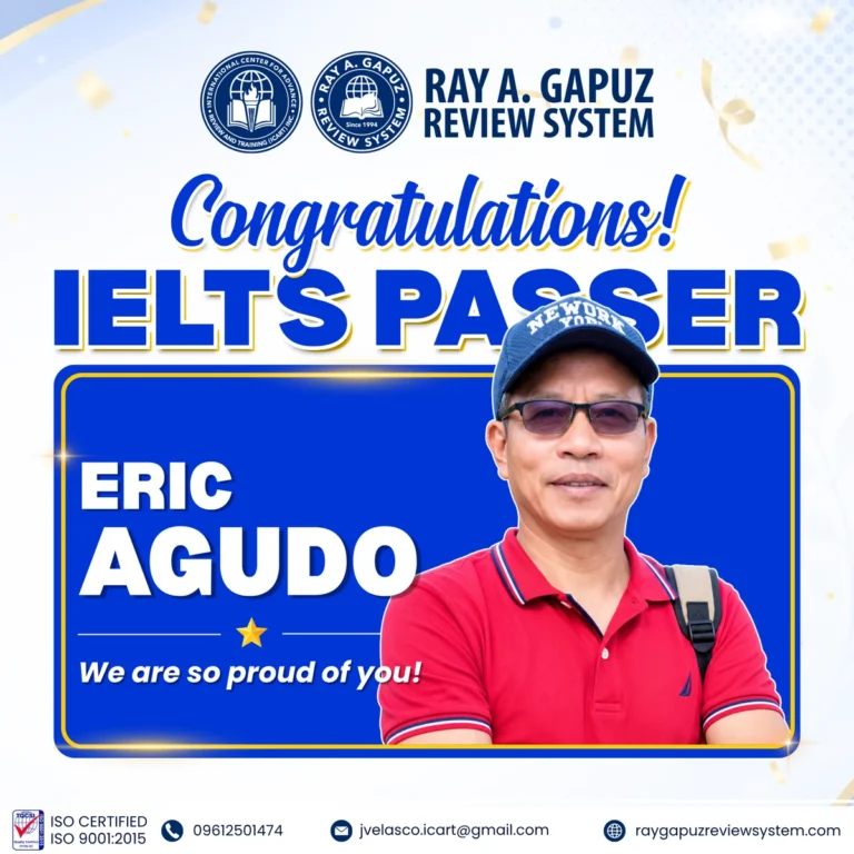 RAGRS congratulatory artwork naming Eric Agudo as an IELTS passer.