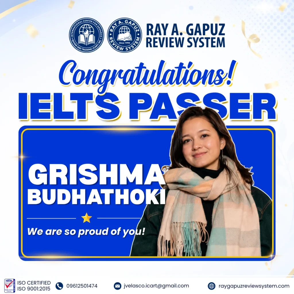 RAGRS congratulatory artwork naming Grishma Budhathoki as an IELTS passer.