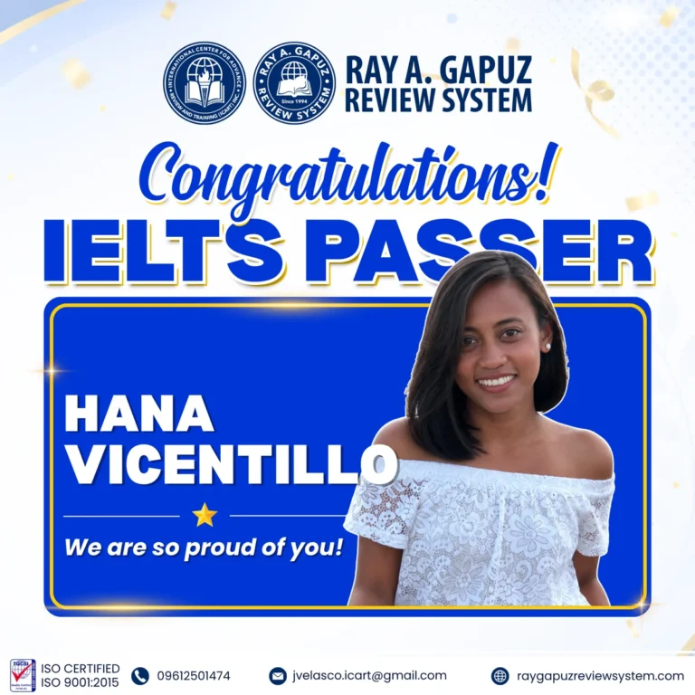 RAGRS congratulatory artwork naming Hana Vicentillo as an IELTS passer.