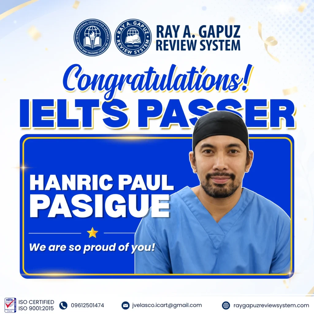 RAGRS congratulatory artwork naming Hanric Paul Pasigue as an IELTS passer.