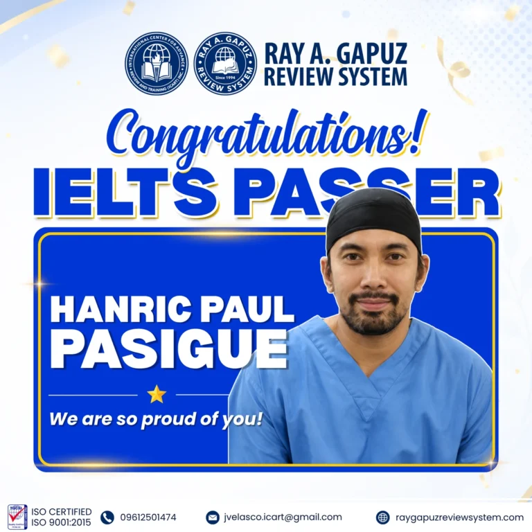 RAGRS congratulatory artwork naming Hanric Paul Pasigue as an IELTS passer.