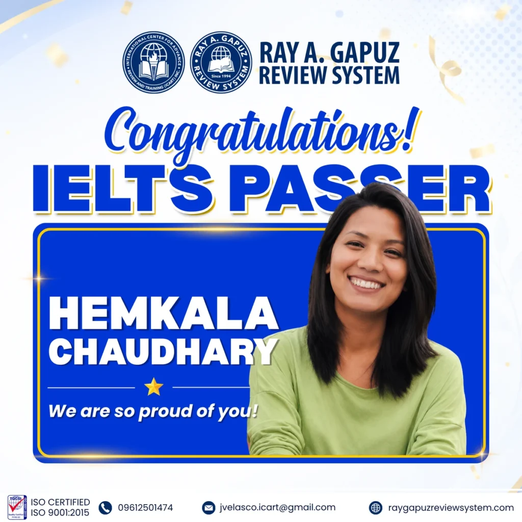 RAGRS congratulatory artwork naming Hemkala Chaudhary as an IELTS passer.