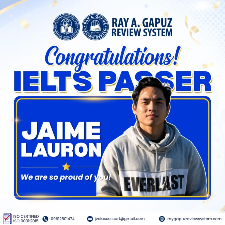 RAGRS congratulatory artwork naming Jaime Lauron as an IELTS passer.