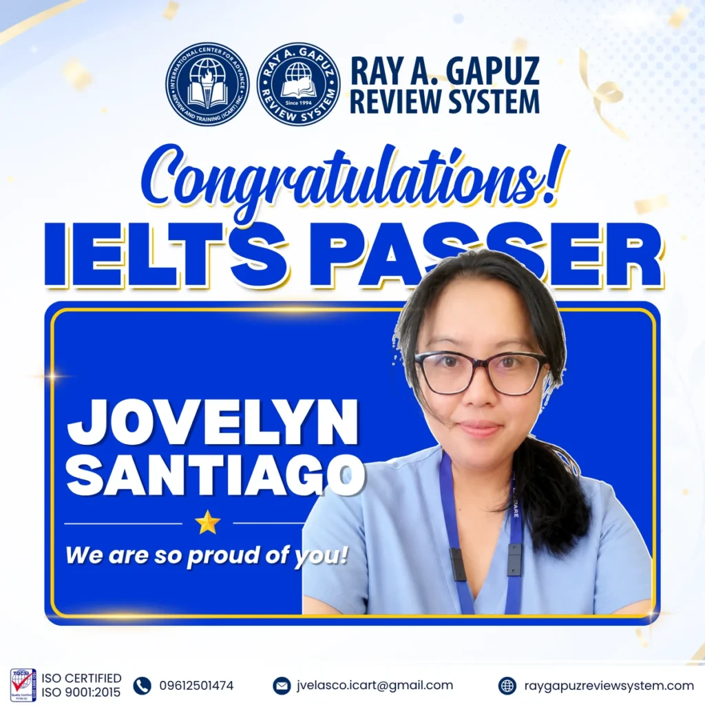 RAGRS congratulatory artwork naming Jovelyn Santiago as an IELTS passer.