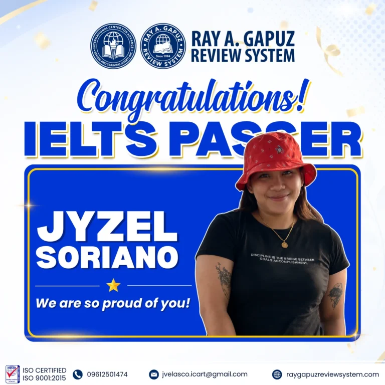 RAGRS congratulatory artwork naming Jyzel Soriano as an IELTS passer.