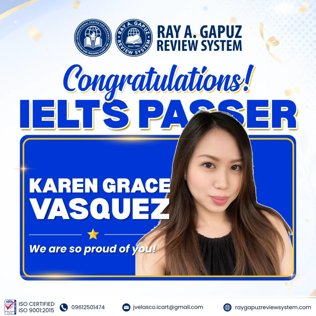 RAGRS congratulatory artwork naming Karen Grace Vasquez as an IELTS passer.