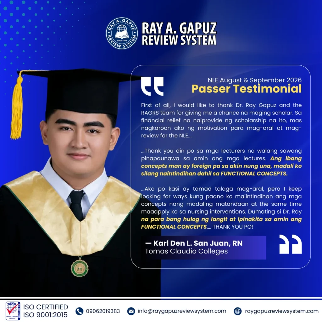 NLE passer testimonial artwork naming Karl Den L. San Juan.