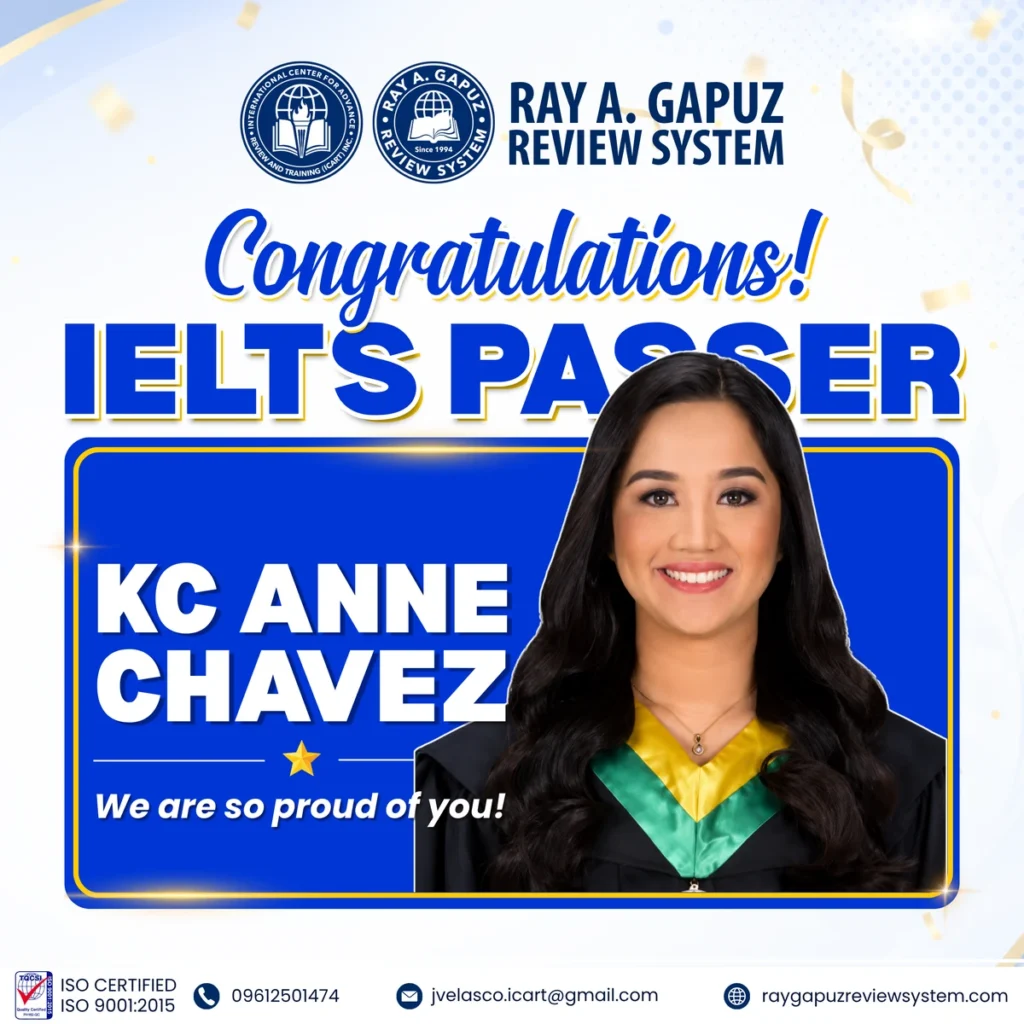 RAGRS congratulatory artwork naming KC Anne Chavez as an IELTS passer.