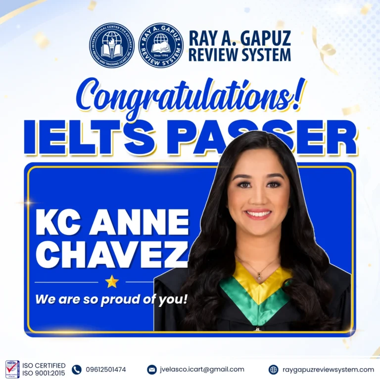 RAGRS congratulatory artwork naming KC Anne Chavez as an IELTS passer.