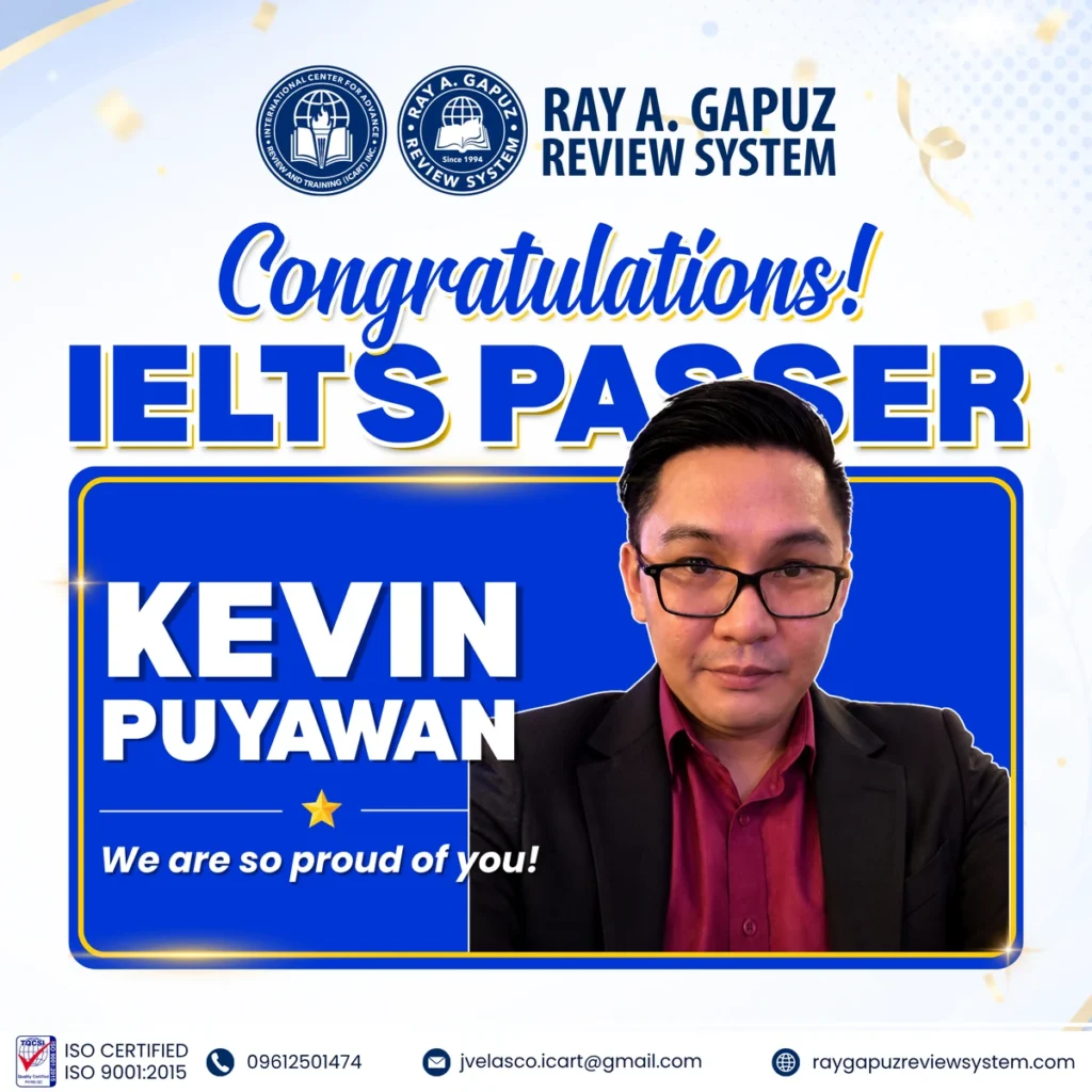 RAGRS congratulatory artwork naming Kevin Puyawan as an IELTS passer.