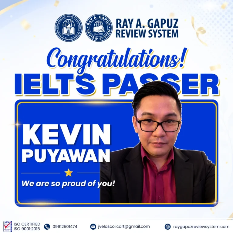 RAGRS congratulatory artwork naming Kevin Puyawan as an IELTS passer.