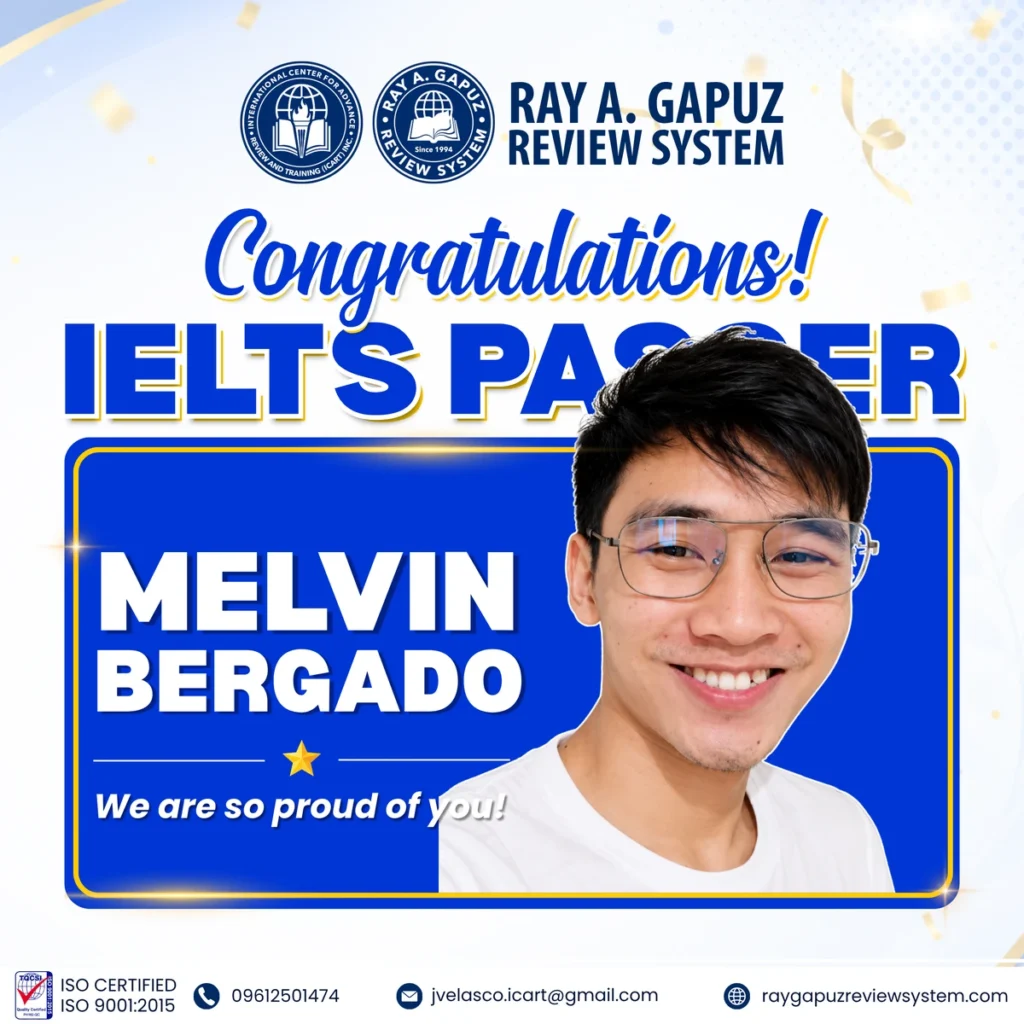RAGRS congratulatory artwork naming Melvin Bergado as an IELTS passer.
