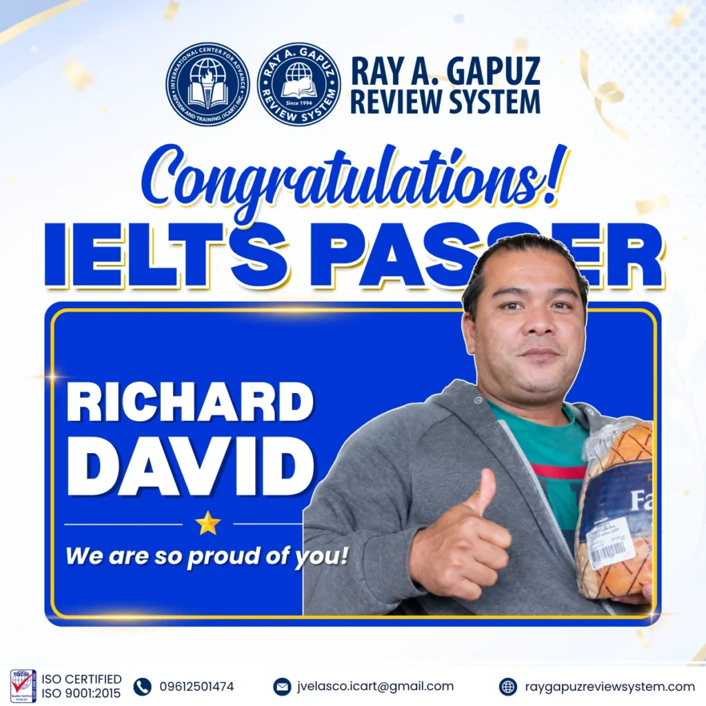 RAGRS congratulatory artwork naming Richard David as an IELTS passer.