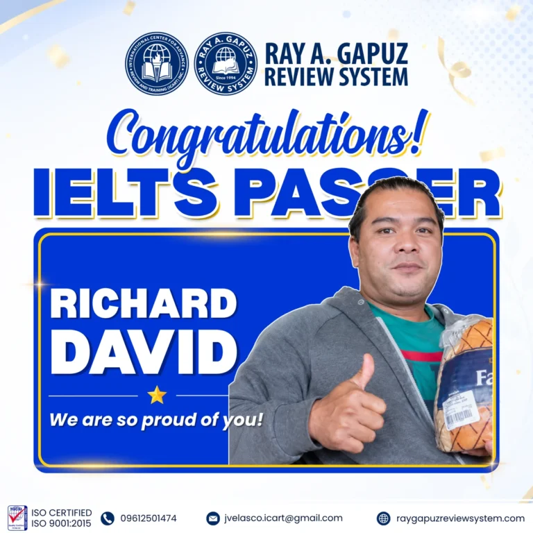RAGRS congratulatory artwork naming Richard David as an IELTS passer.