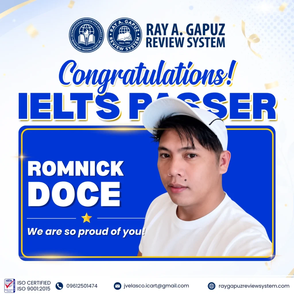 RAGRS congratulatory artwork naming Romnick Doce as an IELTS passer.