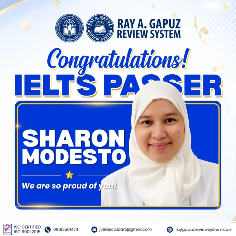 RAGRS congratulatory artwork naming Sharon Modesto as an IELTS passer.