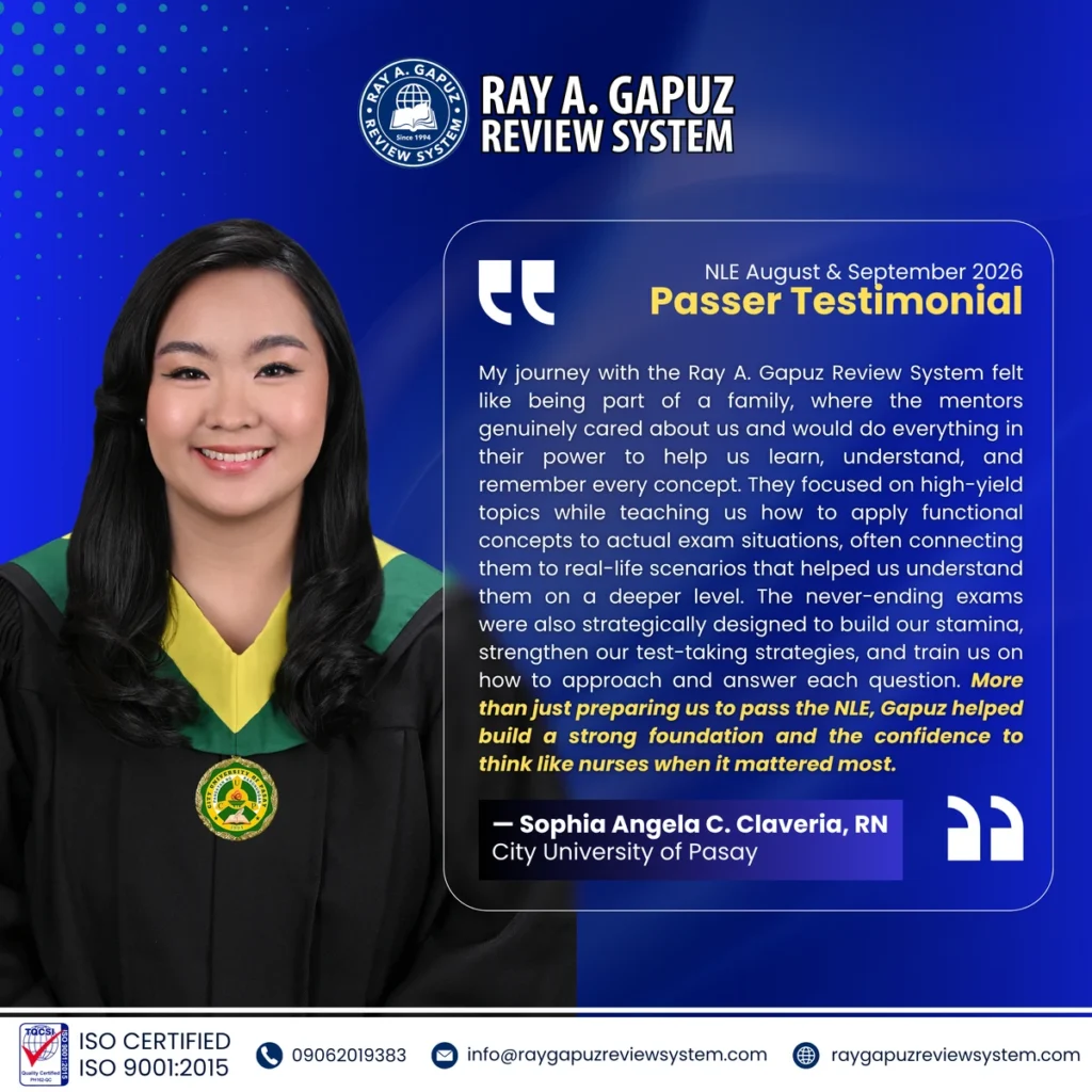 NLE passer testimonial artwork naming Sophia Angela C. Claveria.