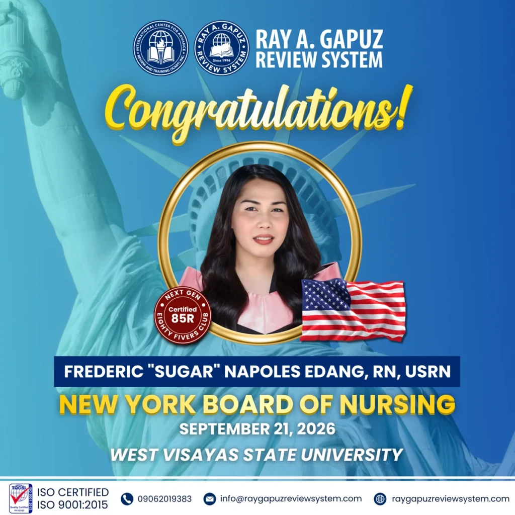 RAGRS congratulatory artwork for Frederic “Sugar” Napoles Edang, RN, USRN, naming the New York Board of Nursing and dated September 21, 2026.