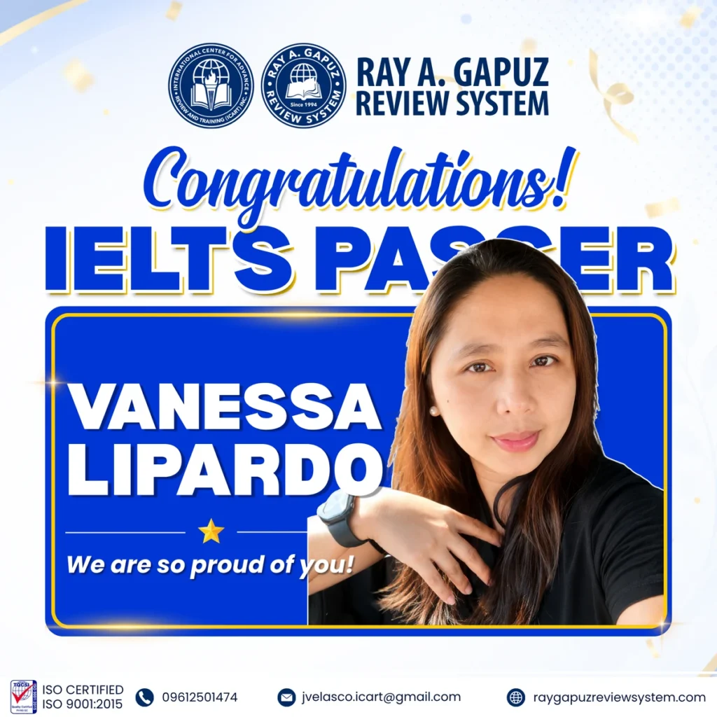 RAGRS congratulatory artwork naming Vanessa Lipardo as an IELTS passer.